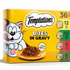 Temptations Bites in Gravy Adult Wet Cat Food Tasty Chicken Entree, Seafood Medley, Backyard Cookout, and Catnip Fever, 3.5 oz. Trays (36 Count, Pack of 1)-0