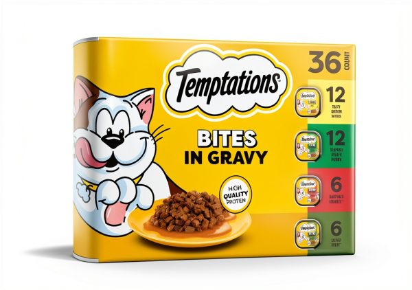 Temptations Bites in Gravy Adult Wet Cat Food Tasty Chicken Entree, Seafood Medley, Backyard Cookout, and Catnip Fever, 3.5 oz. Trays (36 Count, Pack of 1)-0